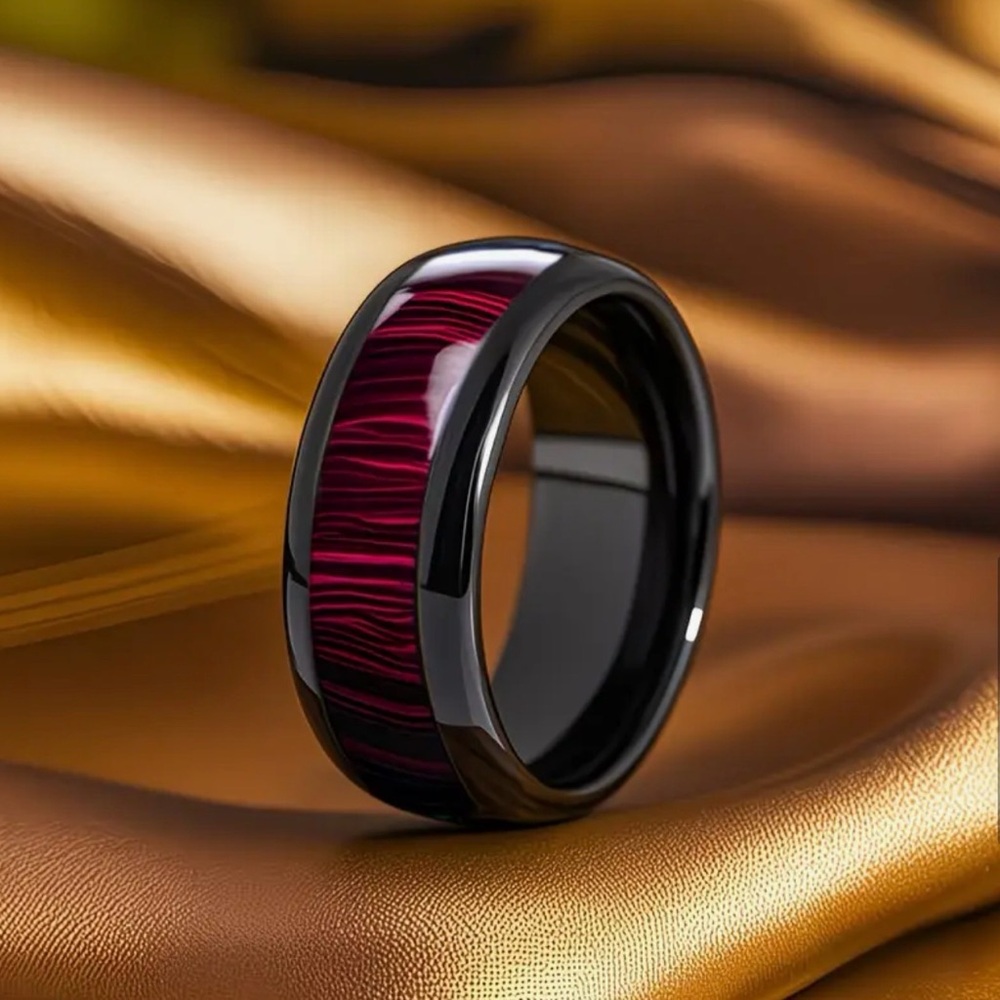 Elegant Stainless Steel Black and Red Inlay Men's Wedding Engagement Ring